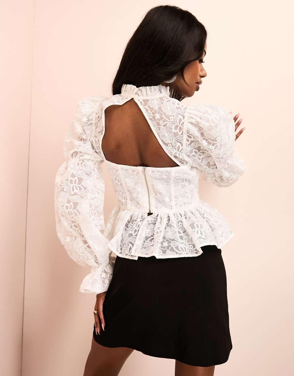 ASOS LUXE pussy bow puff sleeve lace top Product Image