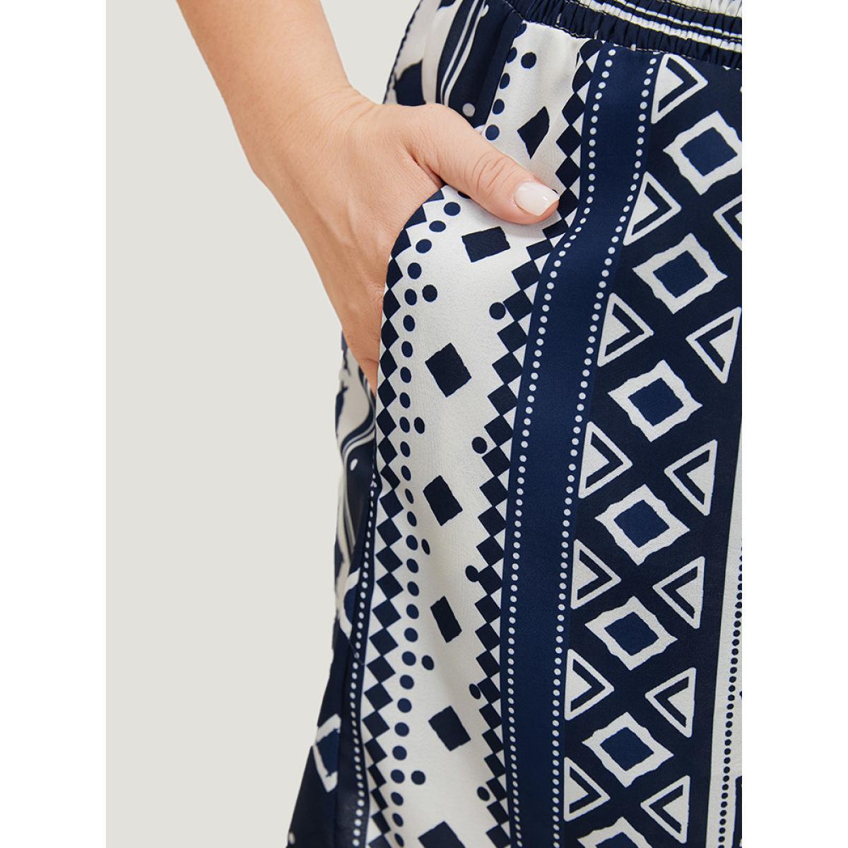 Plus Size Bandana Shirred Waist Pocket Shorts Women Blue Vacation Pocket Dailywear Shorts BloomChic 12/L Product Image