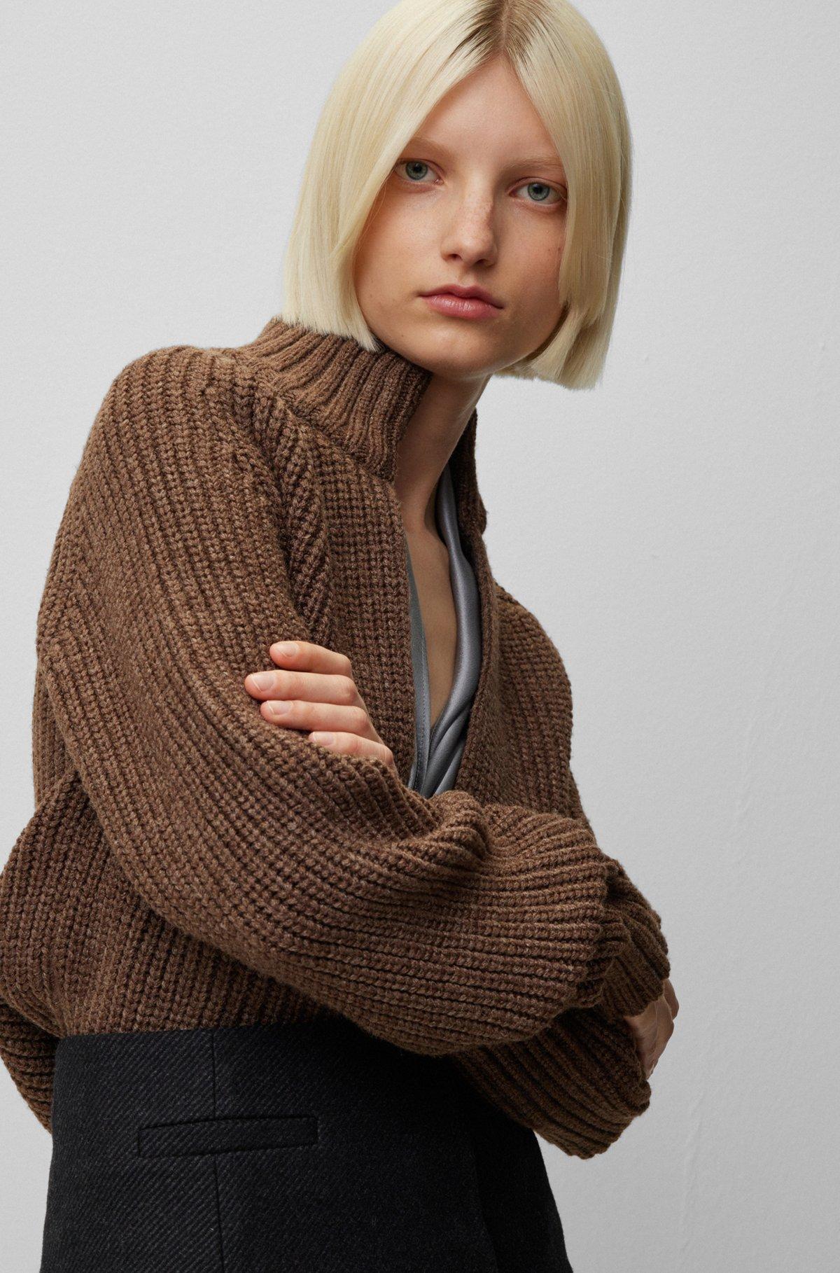 BOSS - V-neck sweater in a wool and silk blend - Brown Product Image