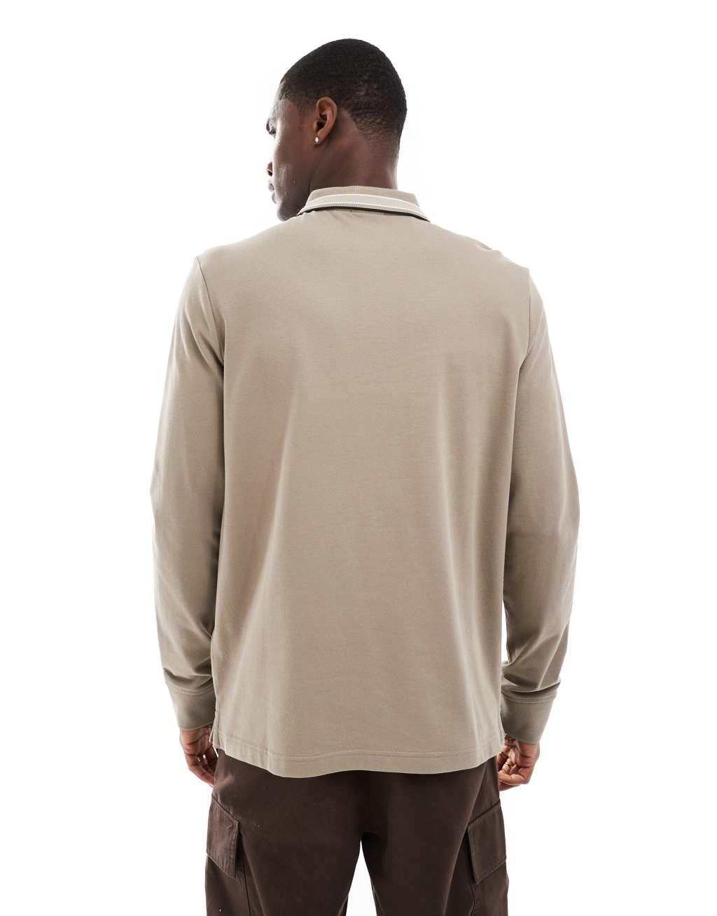 Calvin Klein stretch pique tipped long sleeve polo shirt in beige Product Image