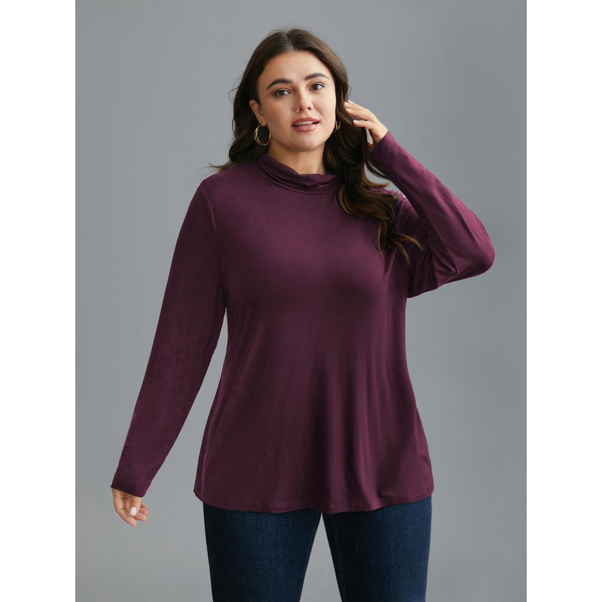 Plus Size Supersoft Essentials Solid Mock Neck T-shirt Deeppurplered Women Casual Non Mock Neck Everyday T-shirts BloomChic 10/M Product Image