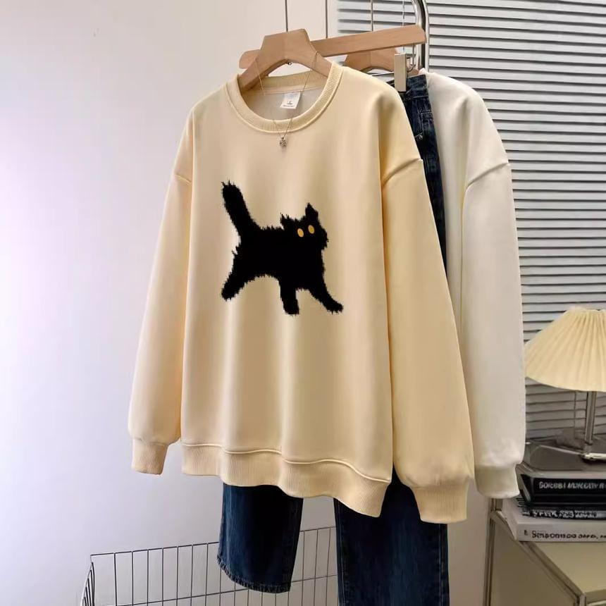 Crew Neck Cat Print Pullover Product Image