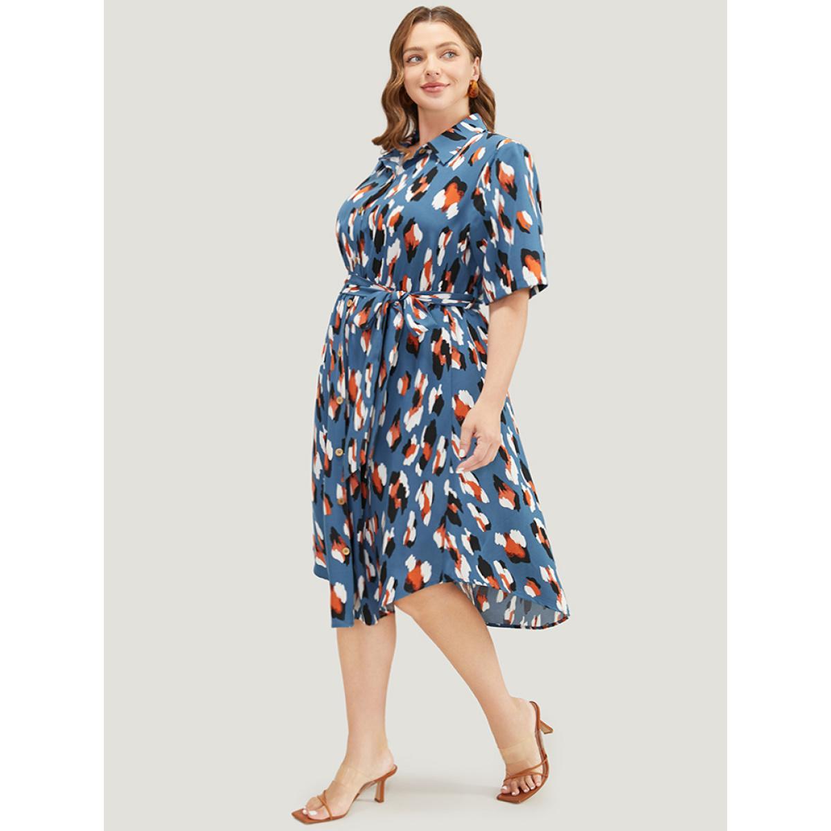 Plus Size Allover Print Button Detail Pocket Belted Arc Hem Dress Stone Women Office Cross straps Shirt collar Short sleeve Curvy Midi Dress BloomChic 18-20/2X Product Image