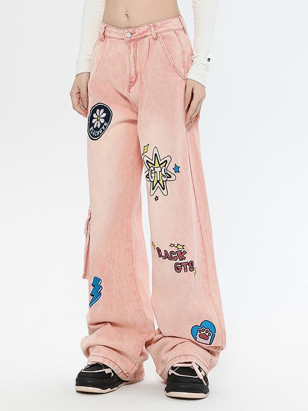 Graffiti Print Straight Cargo Jeans Product Image