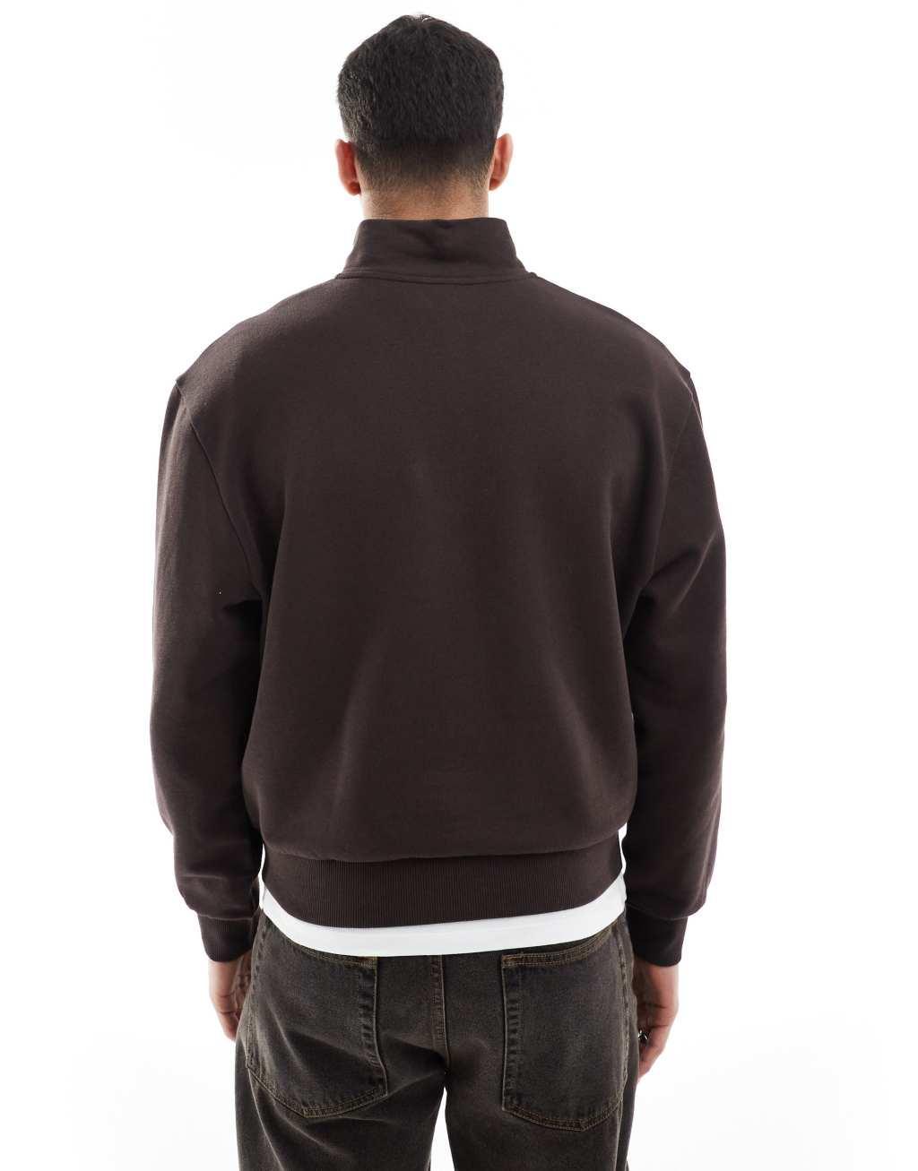 ASOS DESIGN oversized boxy half zip sweatshirt in brown Product Image