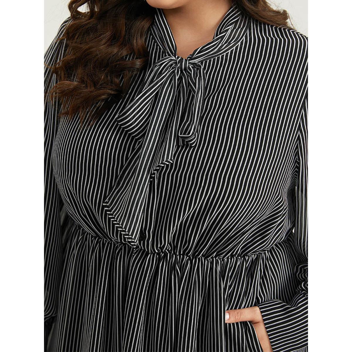 Plus Size Striped Mesh Elastic Waist Knot Neck Dress Black Women Office Printed Tie Neck Long Sleeve Curvy Midi Dress BloomChic 18-20/2X Product Image