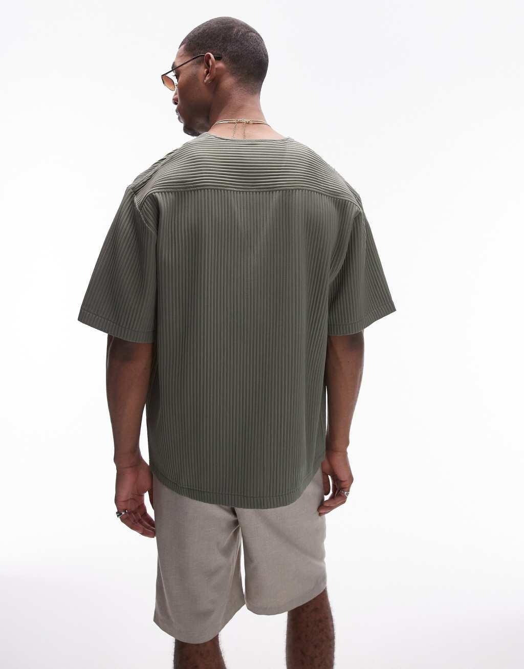 Topman short sleeve collarless plisse shirt in khaki Product Image