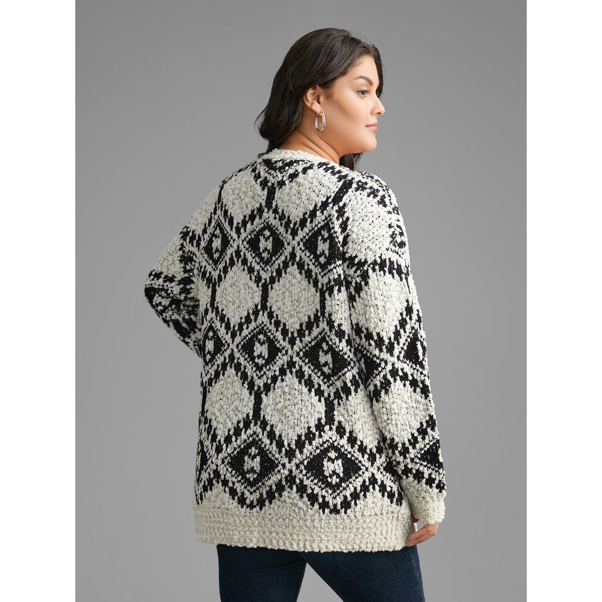 Plus Size Bandana Jacquard Patched Pocket Drop Shoulder Cardigan Black Women Casual Loose Long Sleeve Everyday Cardigans BloomChic 18-20/2X Product Image
