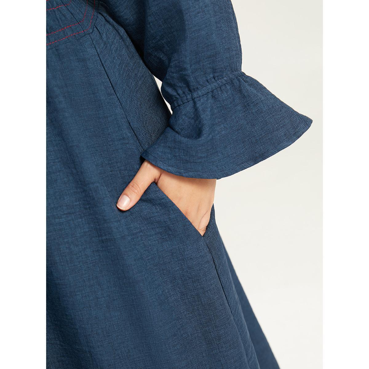 Plus Size Plain Shirred Patchwork Gathered Dress Indigo Women Casual Elastic cuffs V-neck Long Sleeve Curvy Midi Dress BloomChic 22-24/3X Product Image