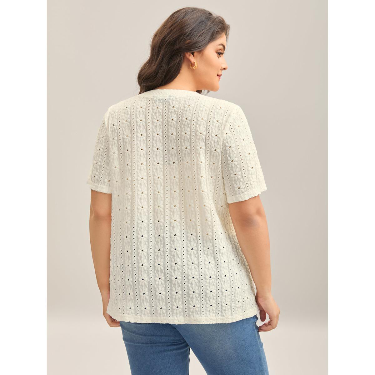 Plus Size Textured Pleated Split Neck T-Shirt WhiteSmoke Women Texture Flat collar with V-notch Everyday-Elegant T-shirts BloomChic 30/6X Product Image