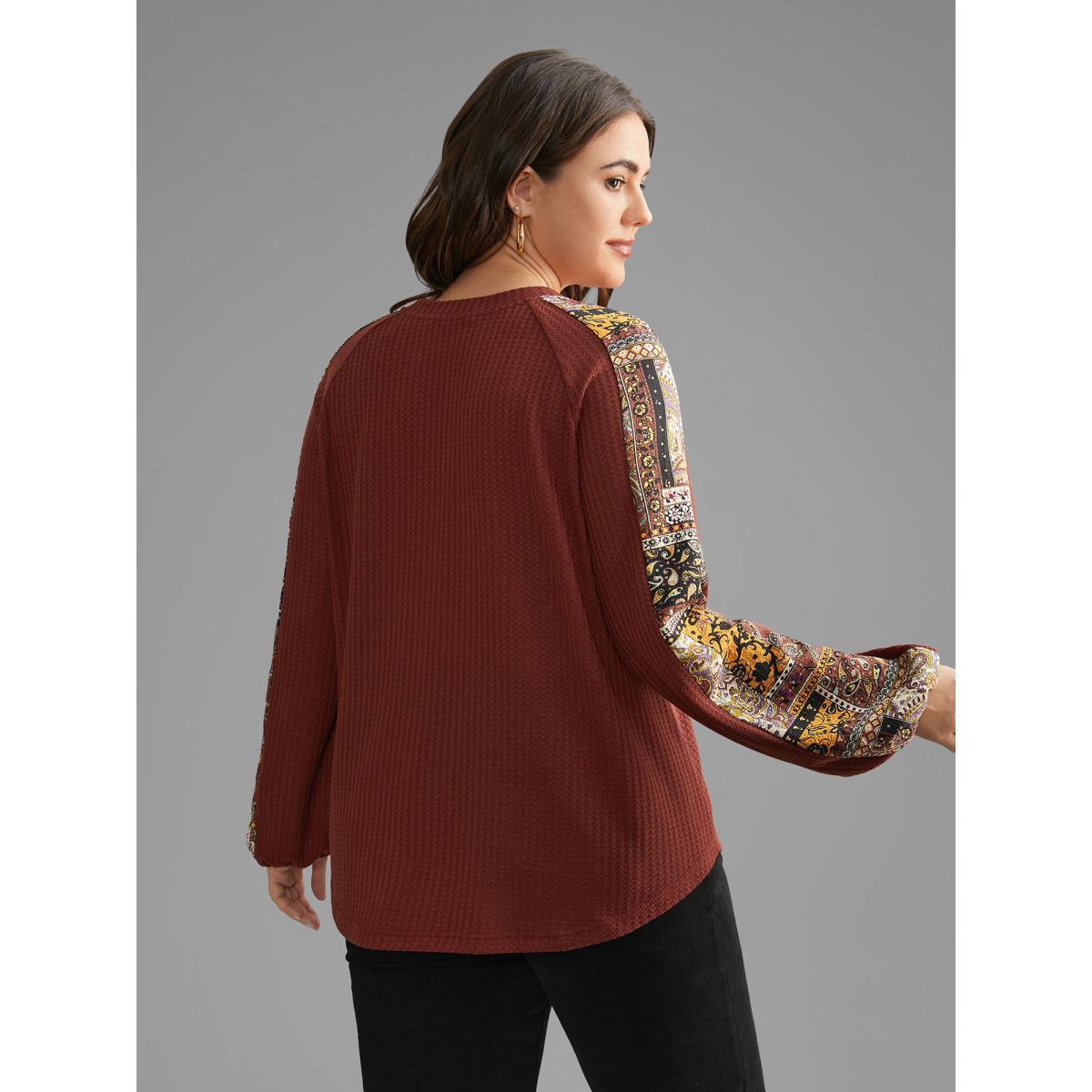 Plus Size Bandana Patchwork Waffle Knit T-shirt Maroon Women Casual Texture V-neck Loose Everyday T-shirts BloomChic 22-24/3X Product Image