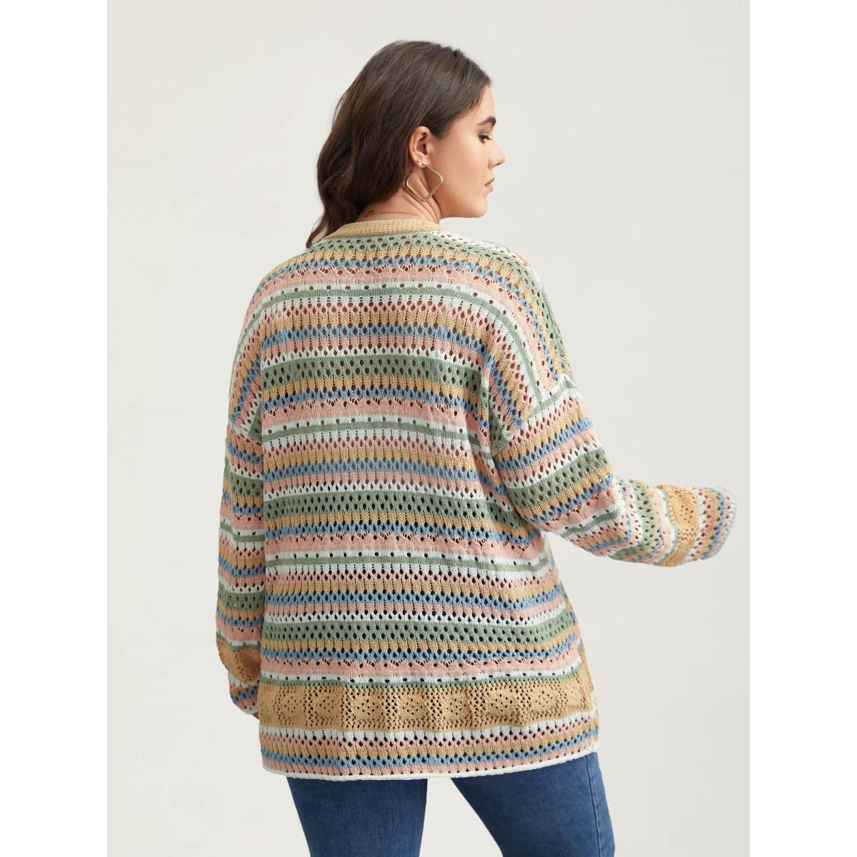 Plus Size Striped Color Contrast Cut-Out Cardigan Multicolor Women Casual Loose Long Sleeve Everyday Cardigans BloomChic 26/4X Product Image