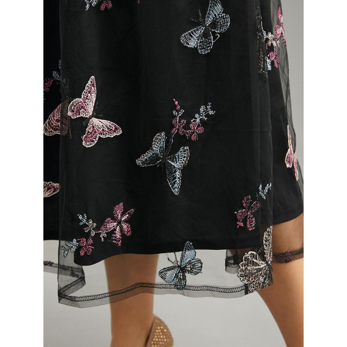 Plus Size Butterfly Embroidered Mesh Elastic Waist Skirt Women Black Party Lace No stretch Pocket Going out Skirts BloomChic 28/5X Product Image