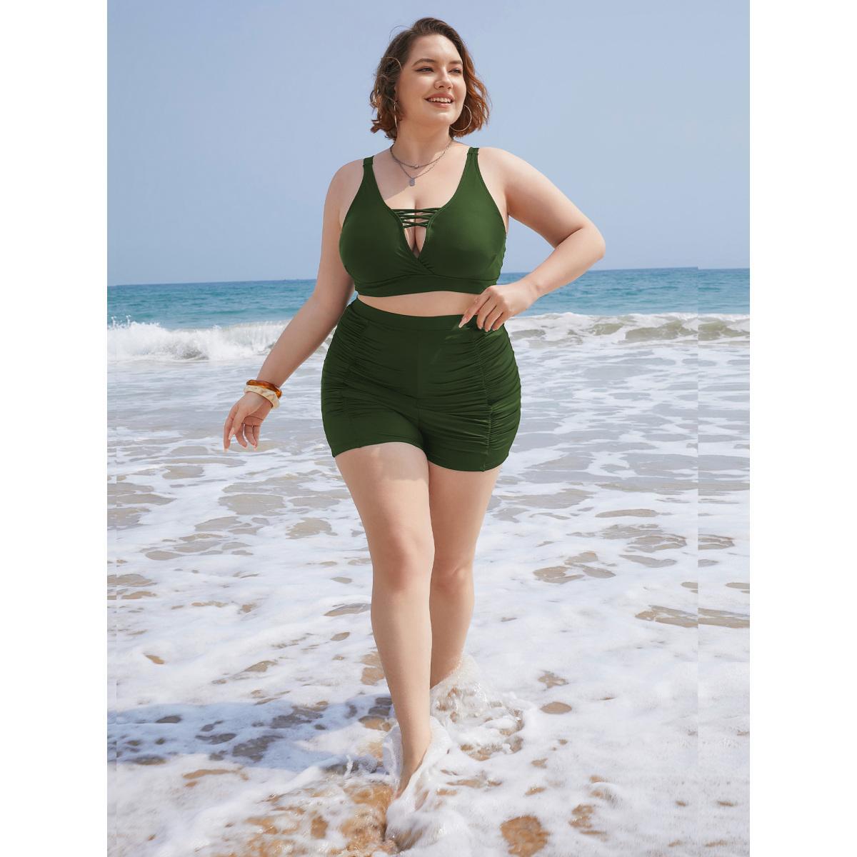 Plus Size Solid High Waist Ruched Detail Swim Shorts Women's Swimwear ArmyGreen Beach Gathered High stretch Skinny High Rise Curve Swim Bottoms BloomChic 18-20/2X Product Image