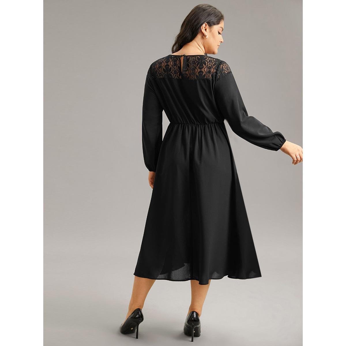 Plus Size Lace Panel Patchwork Lantern Sleeve Dress Black Women At the Office Elastic cuffs Round Neck Long Sleeve Curvy Midi Dress BloomChic 10/M Product Image