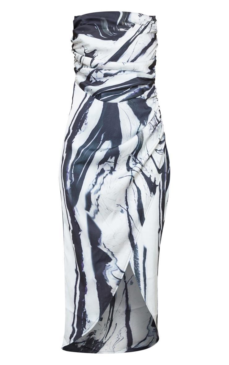  Monochrome Abstract Print Satin Bandeau Ruched Detail Midaxi Dress Product Image