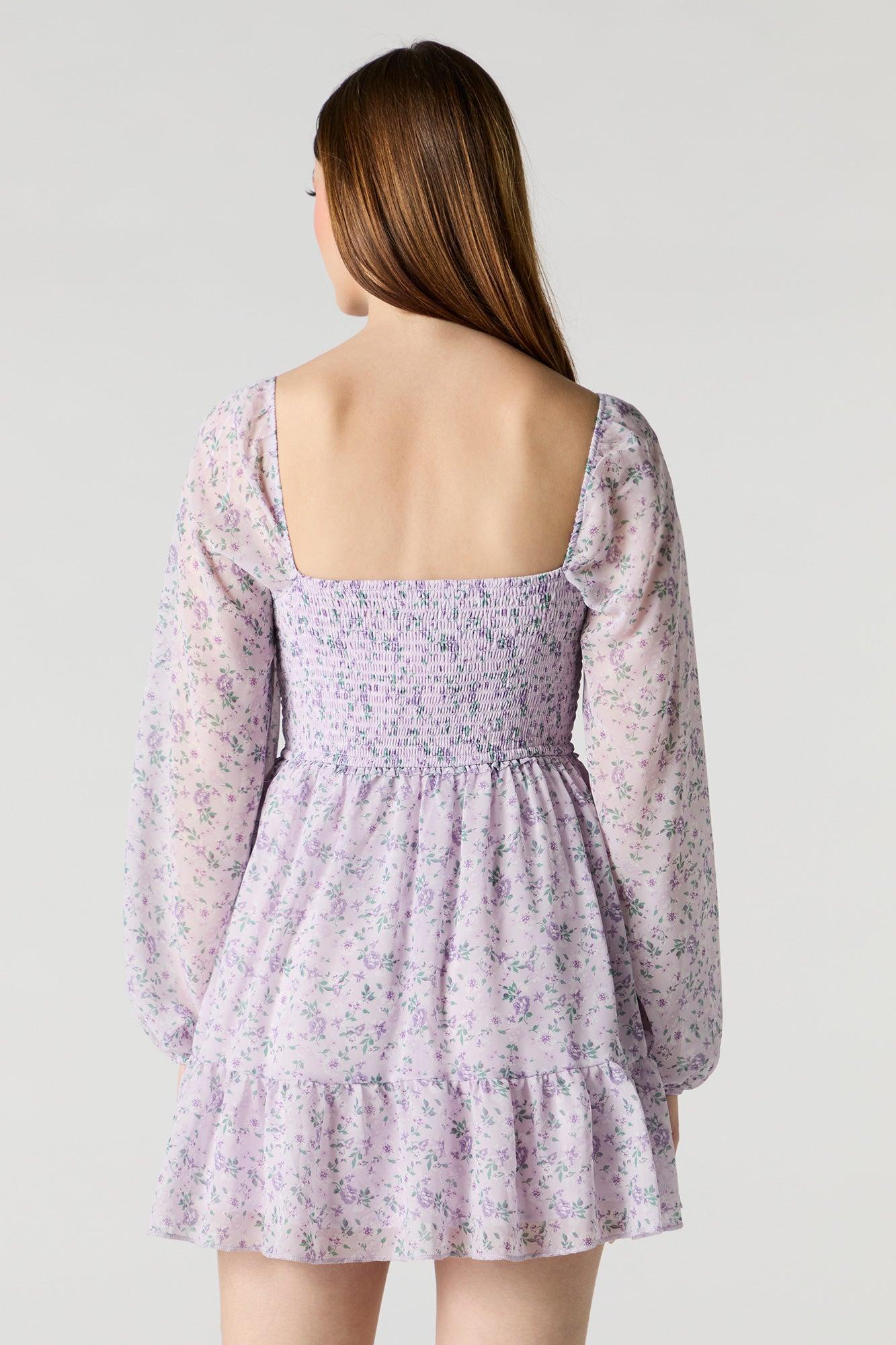 Floral Chiffon Smocked Long Sleeve Mini Dress Female Product Image