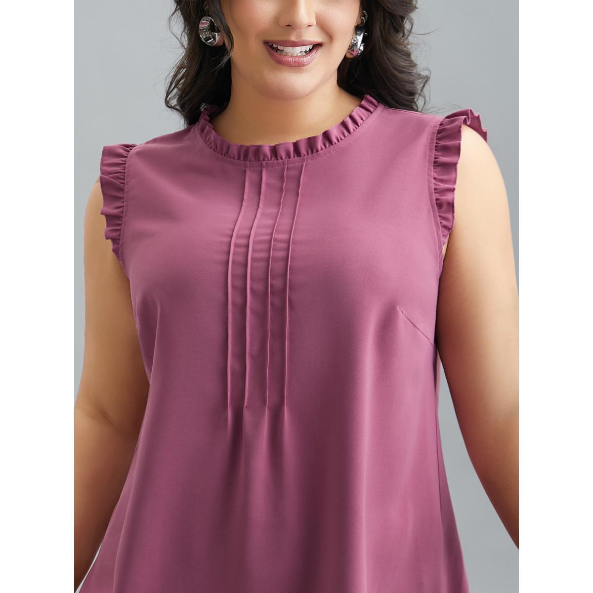 Plus Size Ruffled Spliced Tucked Seam Vest Women DustyPink At the Office Tucked seam Round Neck Work Tank Tops Camis BloomChic 26/4X Product Image