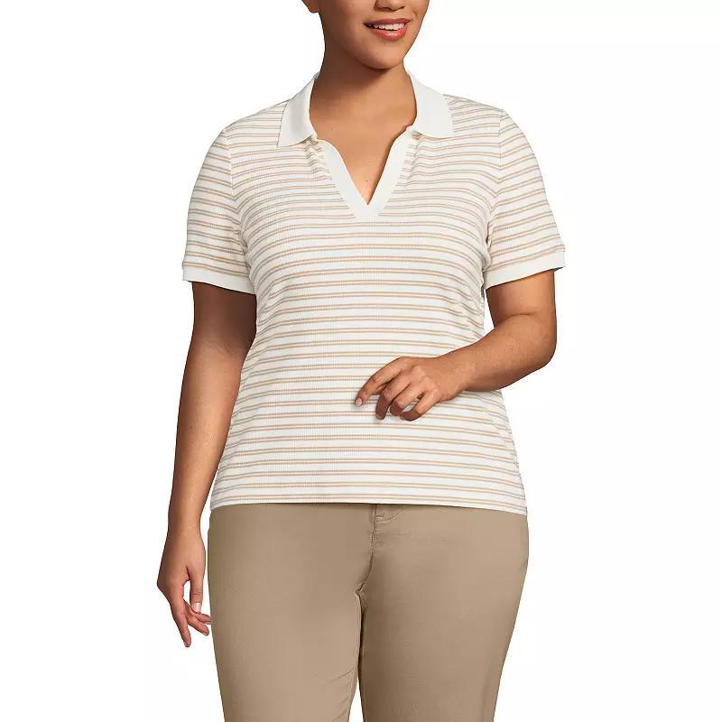 Plus Size Lands' End Short Sleeve Ribbed Polo, Women's, Size: 2XL, Blue Dual Stripe Product Image