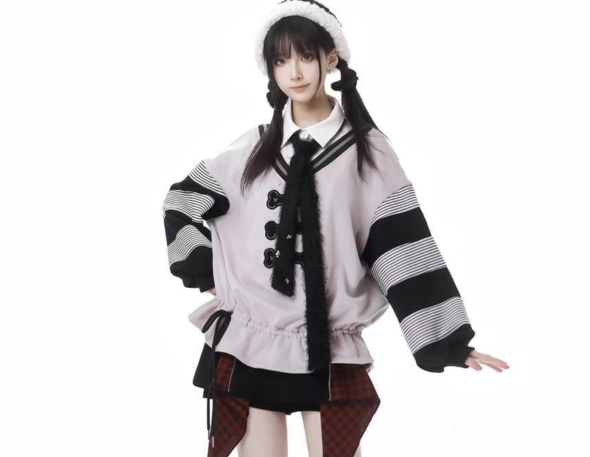 Long Sleeve Striped Applique Hood Asymmetrical Top with Necktie Product Image