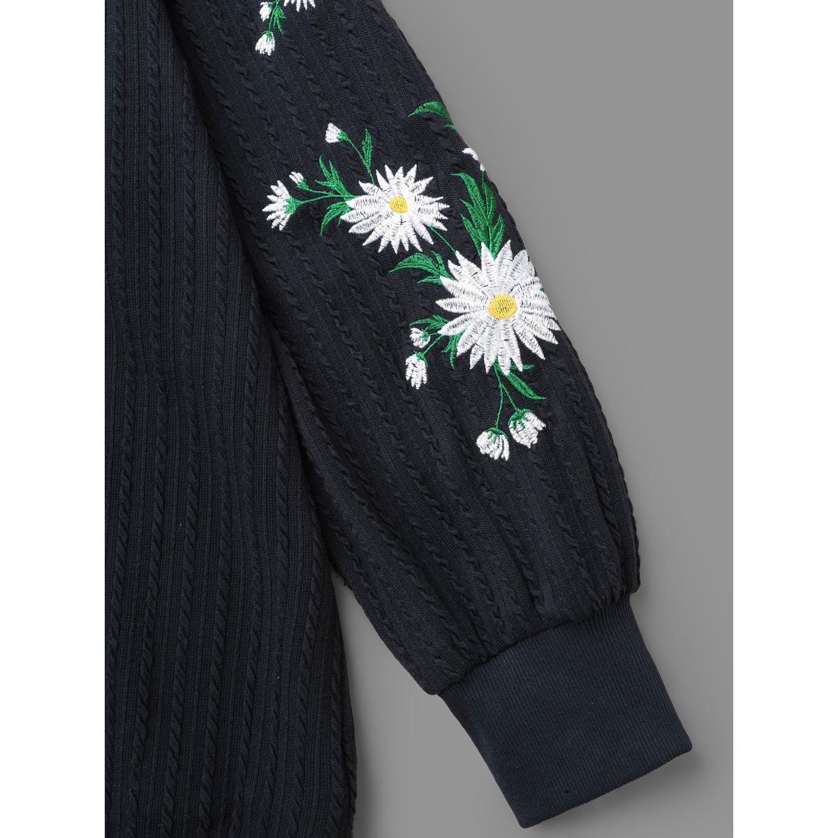 Plus Size Floral Embroidered Sleeves Sweatshirt Women Indigo Casual Texture Round Neck Everyday Sweatshirts BloomChic 26/4X Product Image
