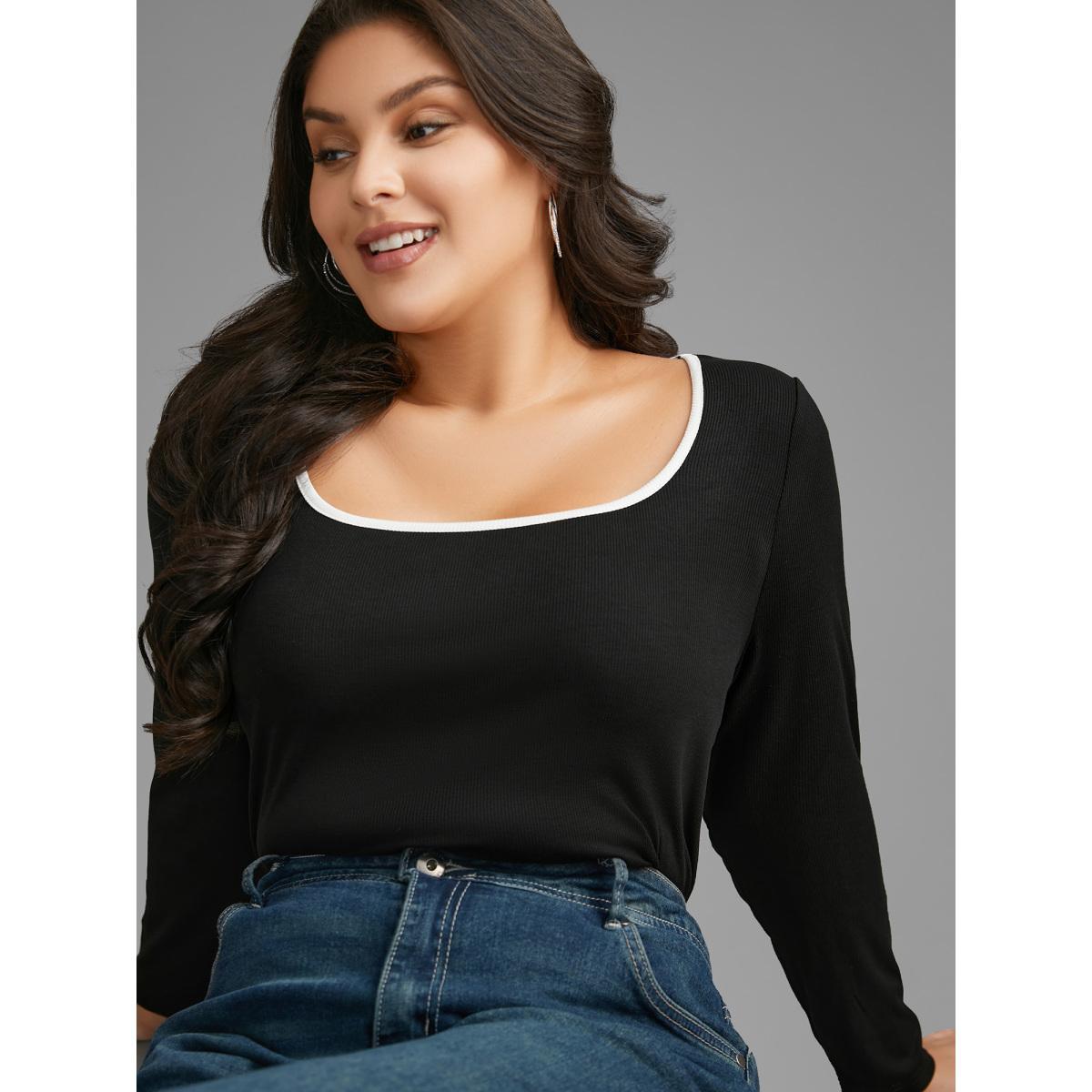 Plus Size Square Neck Contrast Trim T-shirt Black Women Casual Texture Square Neck Bodycon Everyday T-shirts BloomChic 14-16/1X Product Image