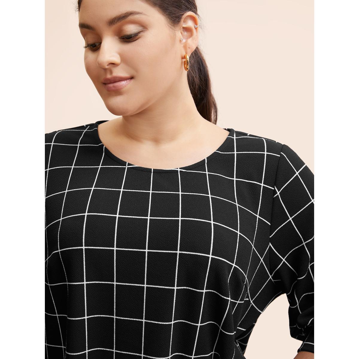 Plus Size Plaid Round Neck Lantern Sleeve T-shirt Burgundy Women At the Office Printed Plaid Round Neck Work T-shirts BloomChic 10/M Product Image
