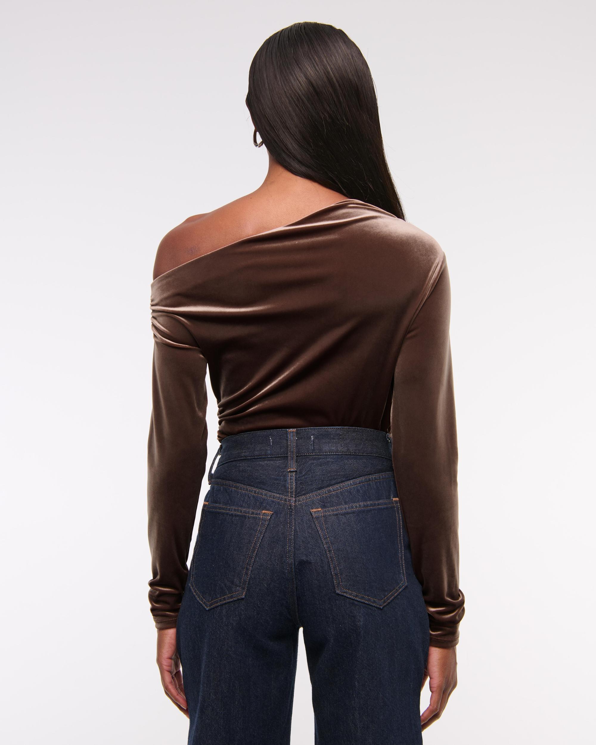 Long-Sleeve Velvet Asymmetrical Draped Top Product Image