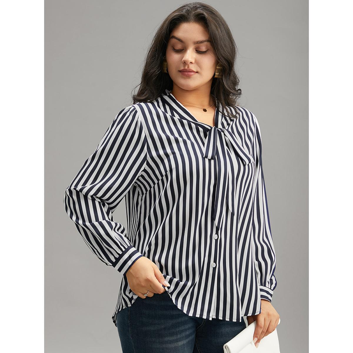 Plus Size Indigo Striped Bowknot V Neck Curved Hem Woven Top Women Office Long Sleeve Shirt collar Work Blouses BloomChic 12/L Product Image