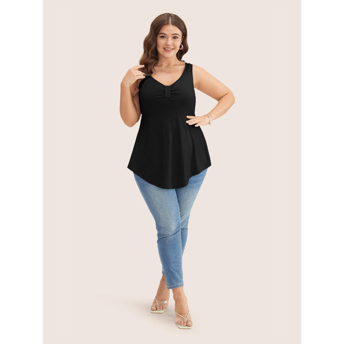 Plus Size Solid Ruched Detail Asymmetrical Hem Tank Top Women Black Elegant Gathered Heart neckline Everyday Tank Tops Camis BloomChic 28/5X Product Image