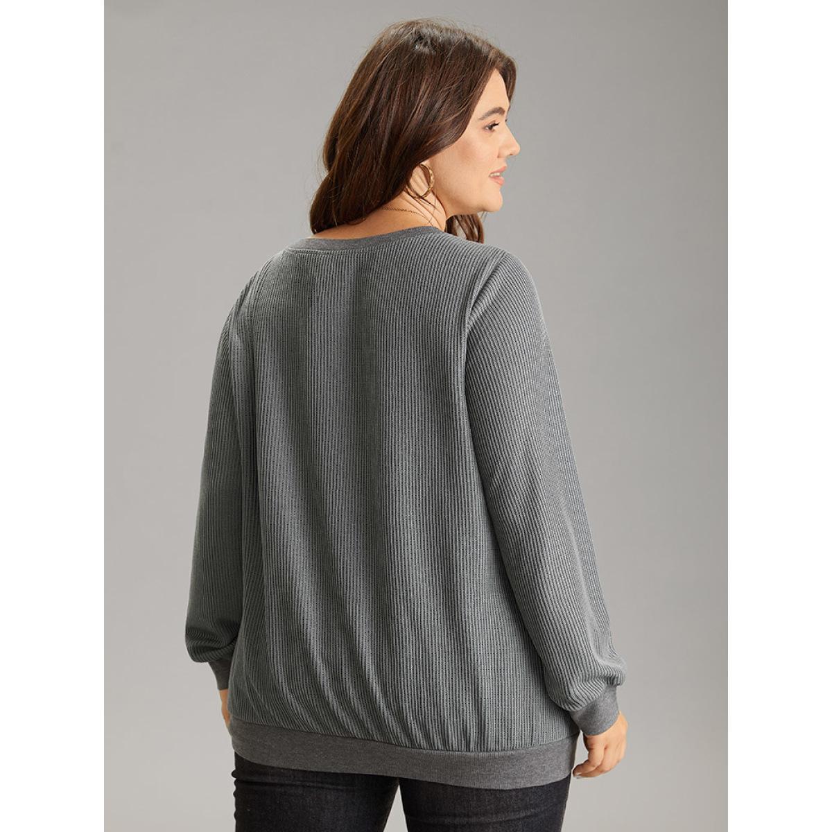 Plus Size Plisse Solid Elastic Hem Crew Neck Sweatshirt Women Gray Casual Rib Knit Round Neck Everyday Sweatshirts BloomChic 14-16/1X Product Image