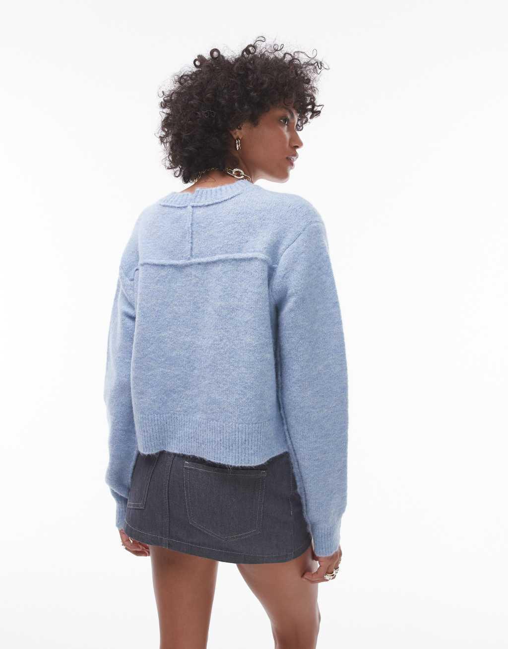 Topshop knitted crew with exposed seams sweater in light blue Product Image