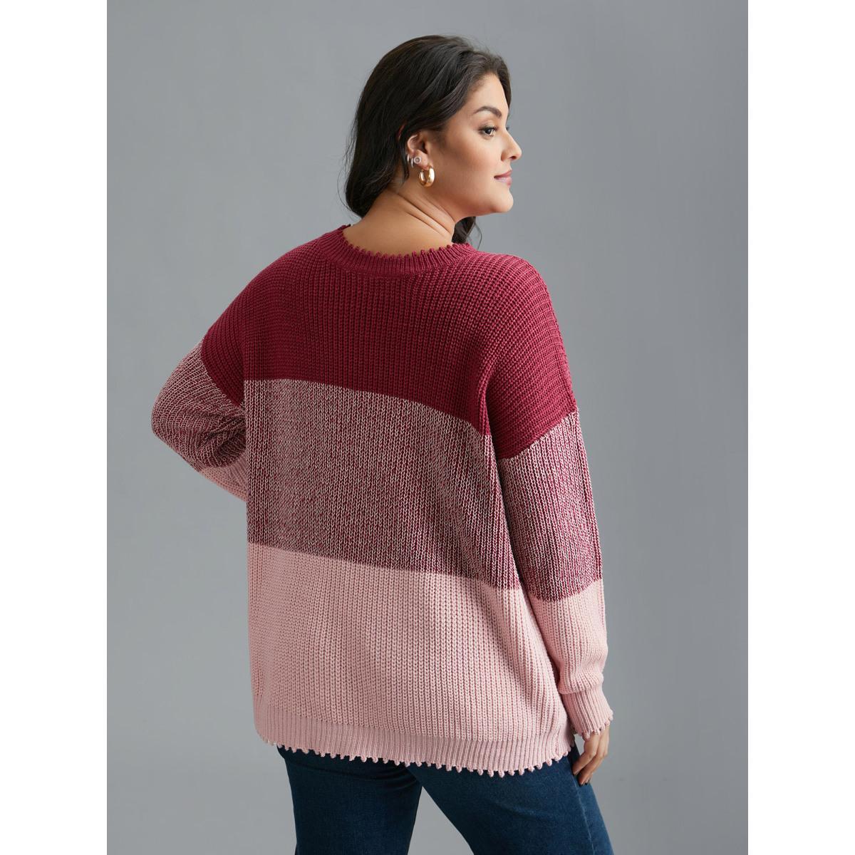Plus Size Color Block Texture Round Neck Pullover Rosered Women Casual Loose Long Sleeve Round Neck Everyday Pullovers BloomChic 28/5X Product Image
