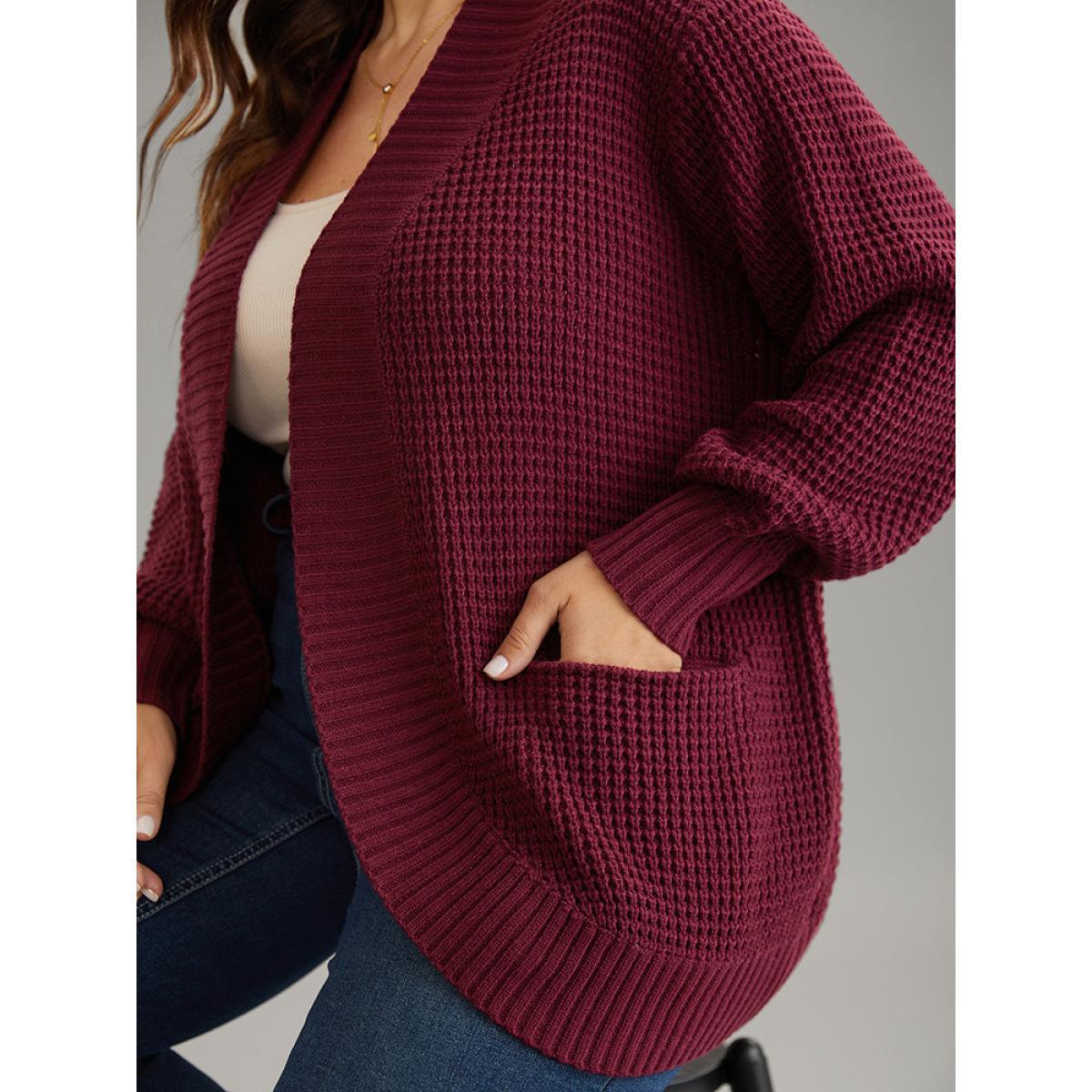 Plus Size Plisse Patched Pocket Curved Hem Open Front Cardigan Burgundy Women Casual Loose Long Sleeve Everyday Cardigans BloomChic 14-16/1X Product Image
