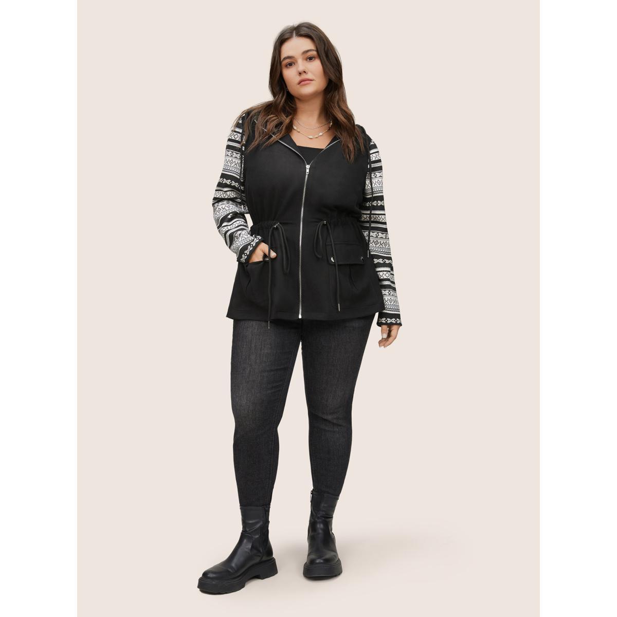Plus Size Geometric Drawstring Patchwork Hooded Jacket Women Black Non Open pocket with flap Everyday Jackets BloomChic 22-24/3X Product Image