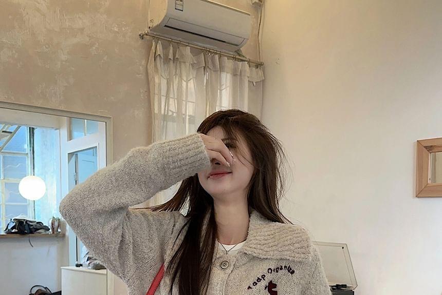 Embroidered Button-Up Cardigan / Fleece Shorts Product Image