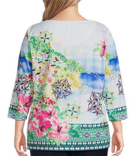 Allison Daley Plus Size Amalfi Coast Print 3/4 Sleeve Crew Neck Knit Top Product Image