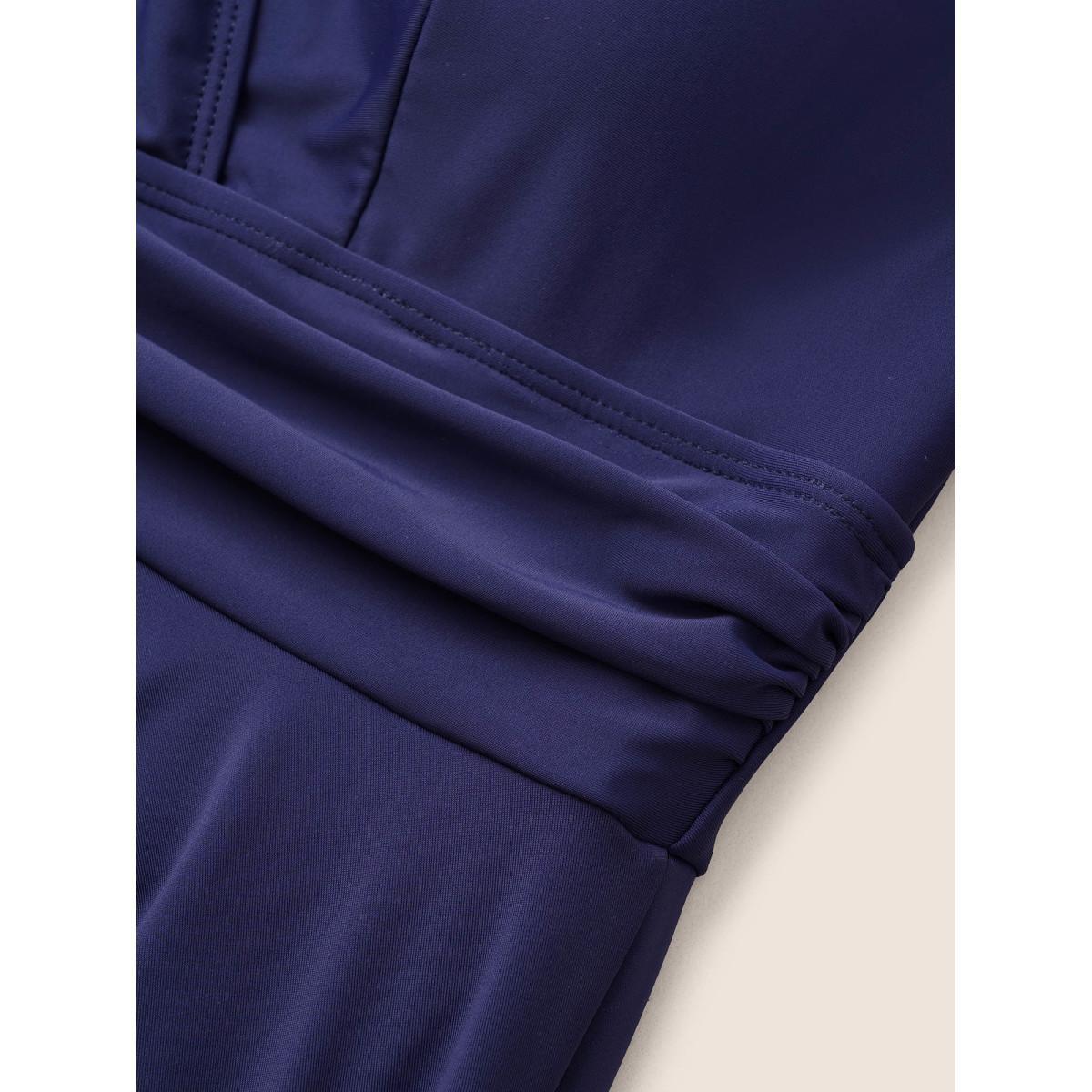 Plus Size Solid Ruffle Hem Empire Waist Halter Neck Swim Dress Women's Swimwear Indigo Beach Bodycon Halter neck High stretch Curve Swim Dresses BloomChic 12/L Product Image