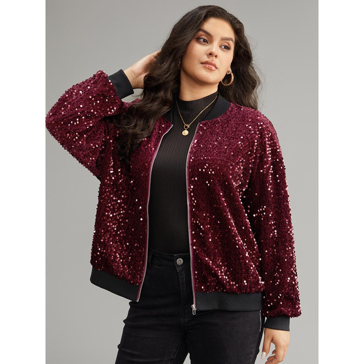 Plus Size Sequin Zipper Patchwork Contrast Bomber Jacket Women Burgundy Contrast Dailywear Jackets BloomChic 22-24/3X Product Image
