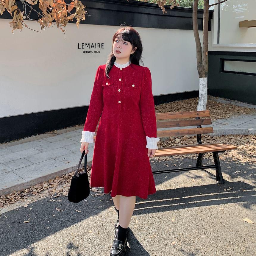 Plus Size Long-Sleeve Stand Collar Two Tone Ruffle Trim A-Line Dress Product Image
