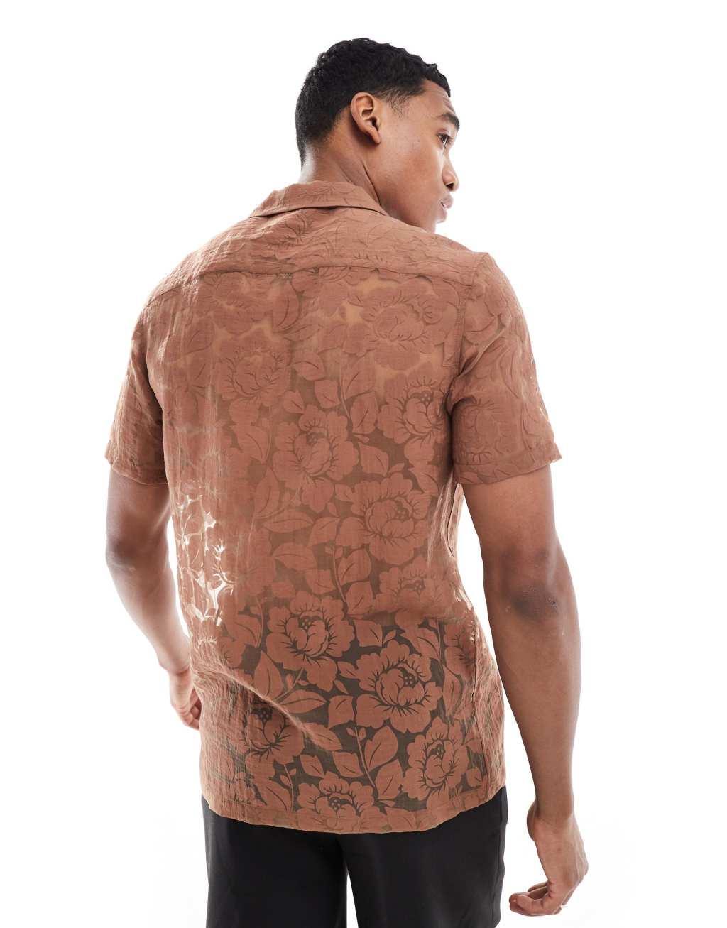 ASOS DESIGN short sleeve regular camp collar shirt in floral burn out in brown Product Image