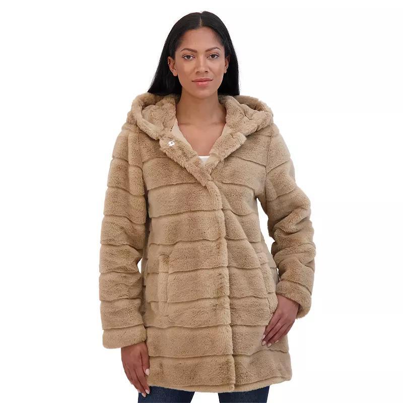 Women's Sebby Collection Hooded Reversible Faux-Fur Coat, Size: Large, Beige Product Image