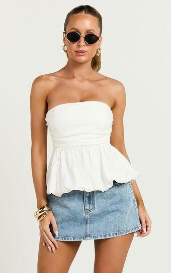 Karmen Top - Strapless Ruched Side Bubble Hem Top in Off White Product Image