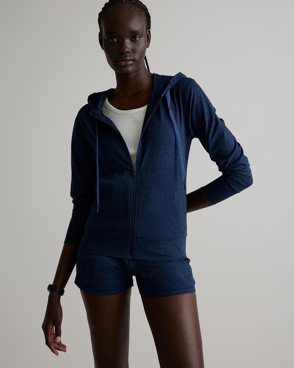 Quince | Women's Super Soft Performance Full Zip Hoodie in Navy, Flowknit Activewear, Recycled Polyester Product Image