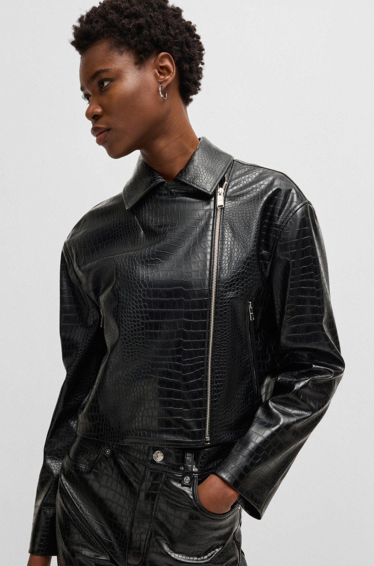 BOSS - Crocodile-embossed biker jacket in faux leather - Black Product Image