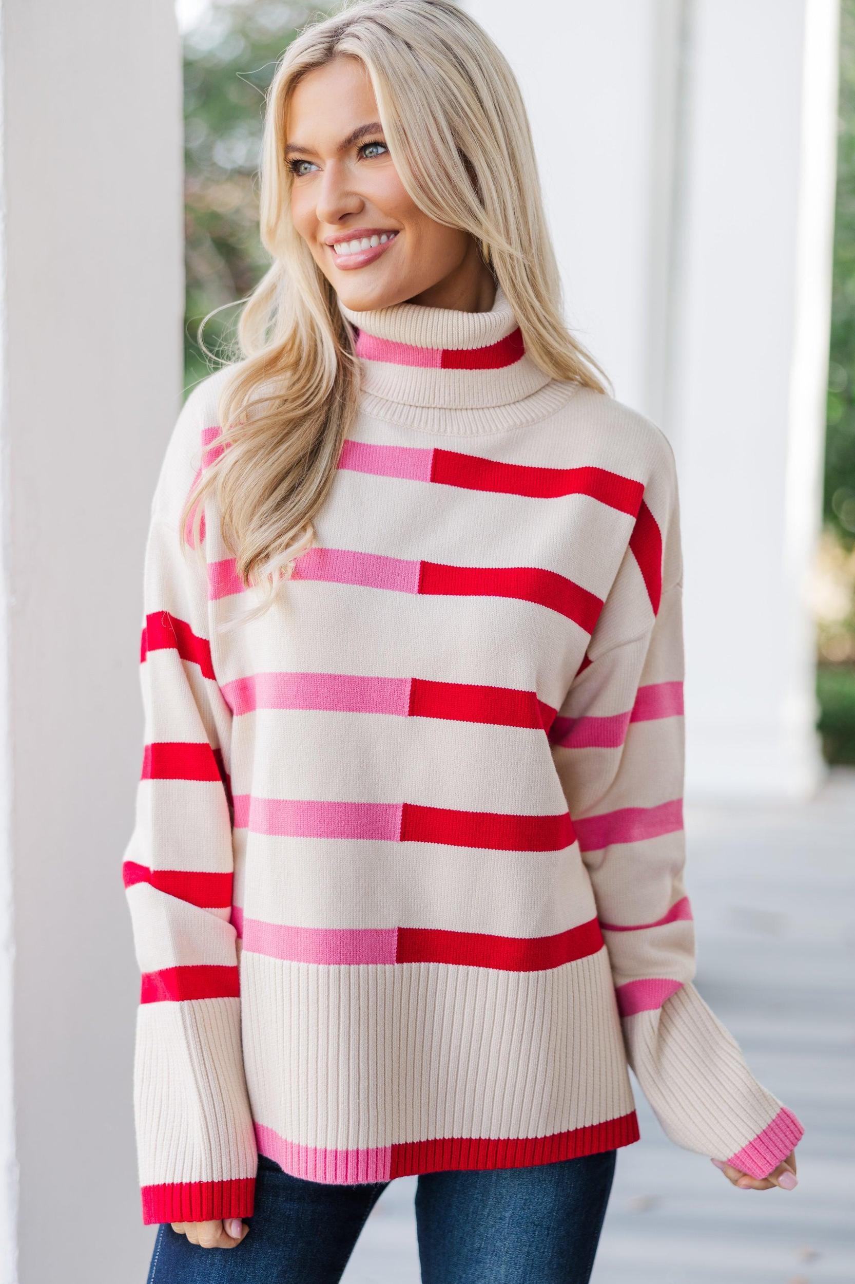 Have Your Fun Pink/Red Striped Turtleneck Sweater Female Product Image