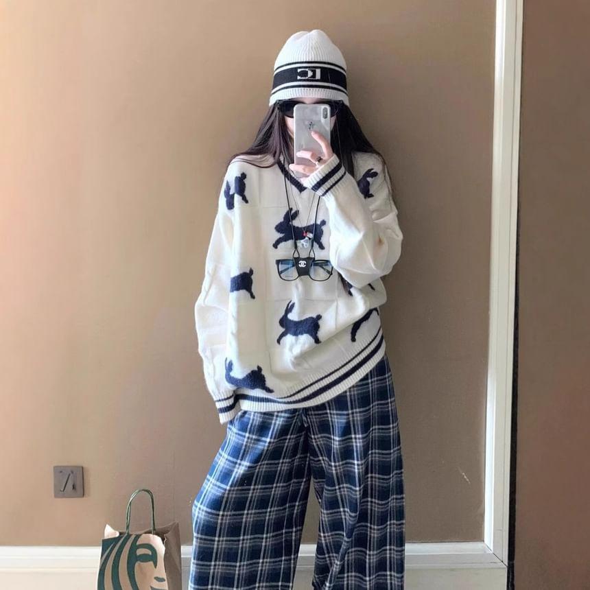 Drawstring Waist Plaid Wide Leg Pants Product Image