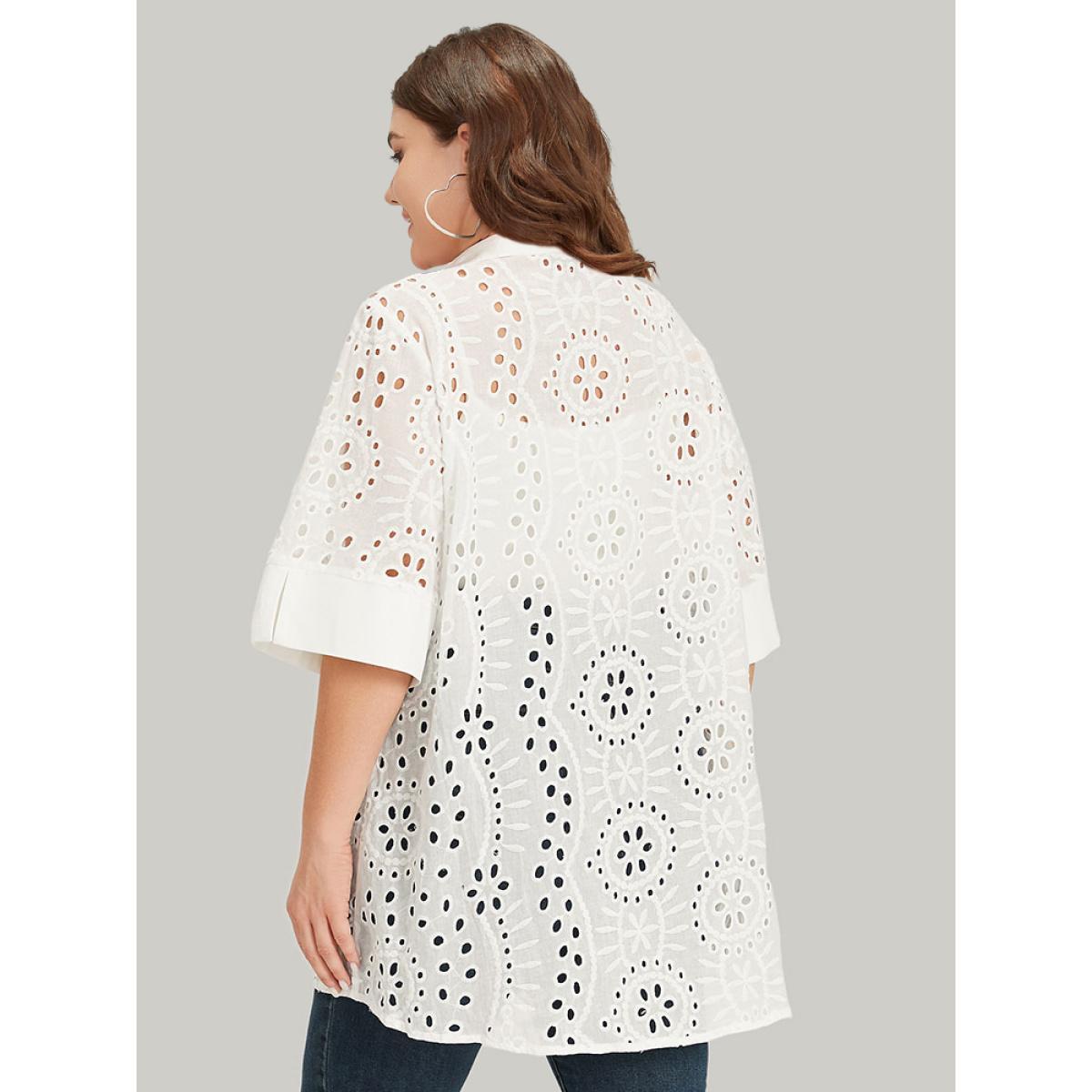 Plus Size Plain Shirt Collar Broderie Anglaise Open Front Kimono Women White Casual Patchwork Dailywear Kimonos BloomChic 12/L Product Image