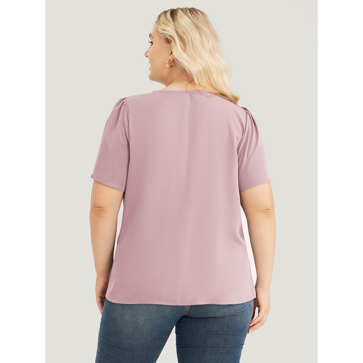 Plus Size Lilac Solid Pleated Detail Keyhole Puff Sleeve Blouse Women Office Short sleeve Round Neck Work Blouses BloomChic 12/L Product Image