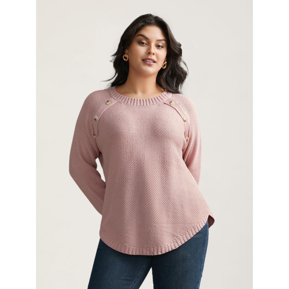 Plus Size Plain Textured Button Detail Curved Hem Pullover Dirtypink Women Casual Loose Long Sleeve Round Neck Everyday Pullovers BloomChic 26/4X Product Image